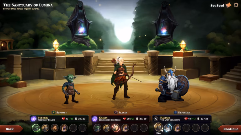 Screenshot of Northanda Chronicles role-based deckbuilding party selection gameplay